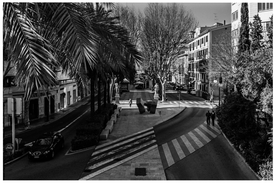 Schwarz-Weiß-Stadtbild mit Palmen, Gebäuden, Passanten, Autos, Skulpturen und kahlen Bäumen, © Klaus Gruber | Fotograf Fürth